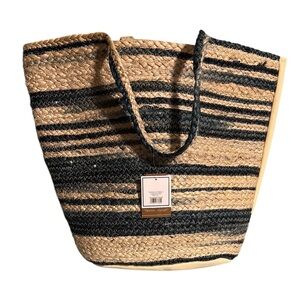 5B Style Handmade Tie-Dyed Jute Tote Bag Navy & Cream Striped NWT